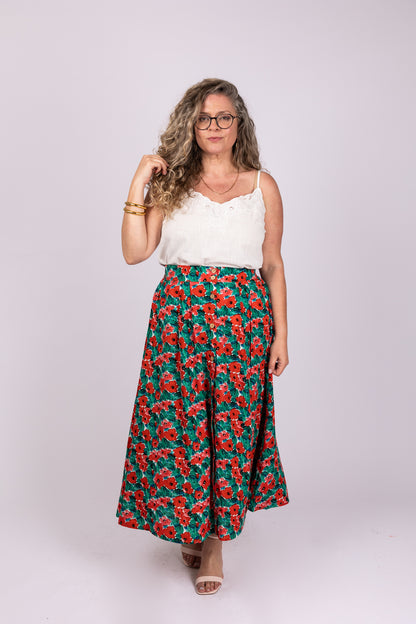 חצאית מידי פרחונית עם כפתורים